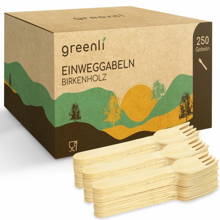 greenli Einweggabeln Holz mit Verpackung - 250 Stück