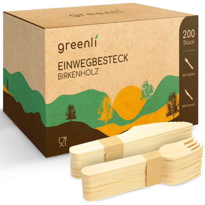 greenli Einwegbesteck Holz gebuendelt mit Verpackung - 200er Set