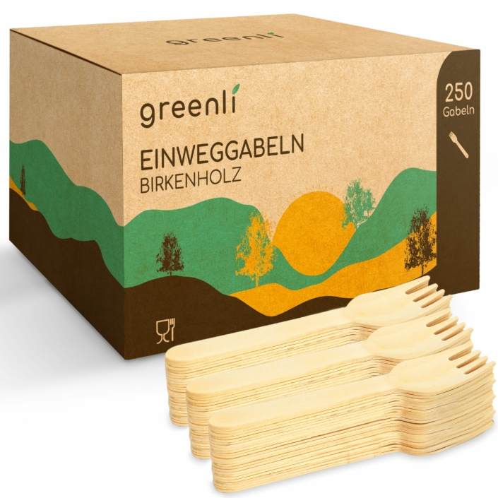 greenli Einweggabeln Holz mit Verpackung - 250 Stück