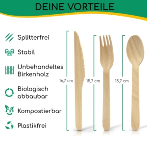 greenli Einwegbesteck Holz mit Groesse und Eigenschaften - 150er Set
