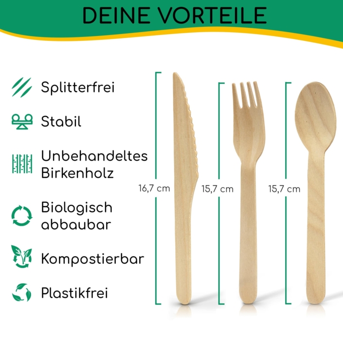 greenli Einwegbesteck Holz mit Groesse und Eigenschaften - 150er Set