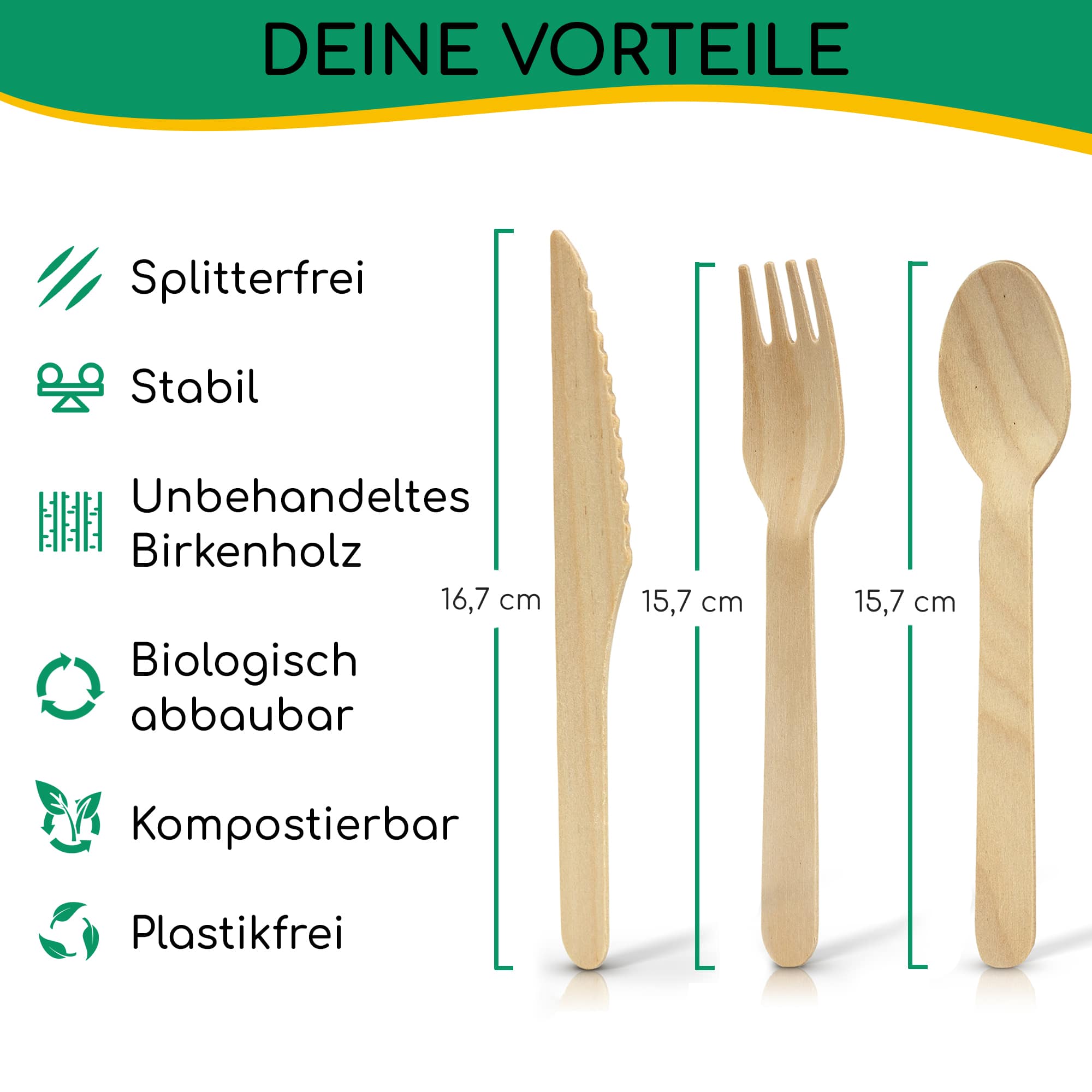greenli Einwegbesteck Holz mit Groesse und Eigenschaften - 150er Set