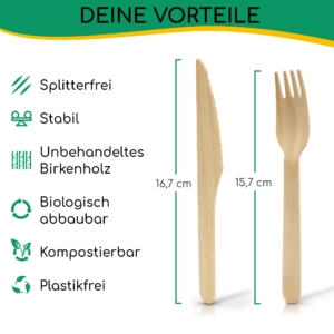 greenli Einwegbesteck Holz mit Groesse und Eigenschaften - 200er Set