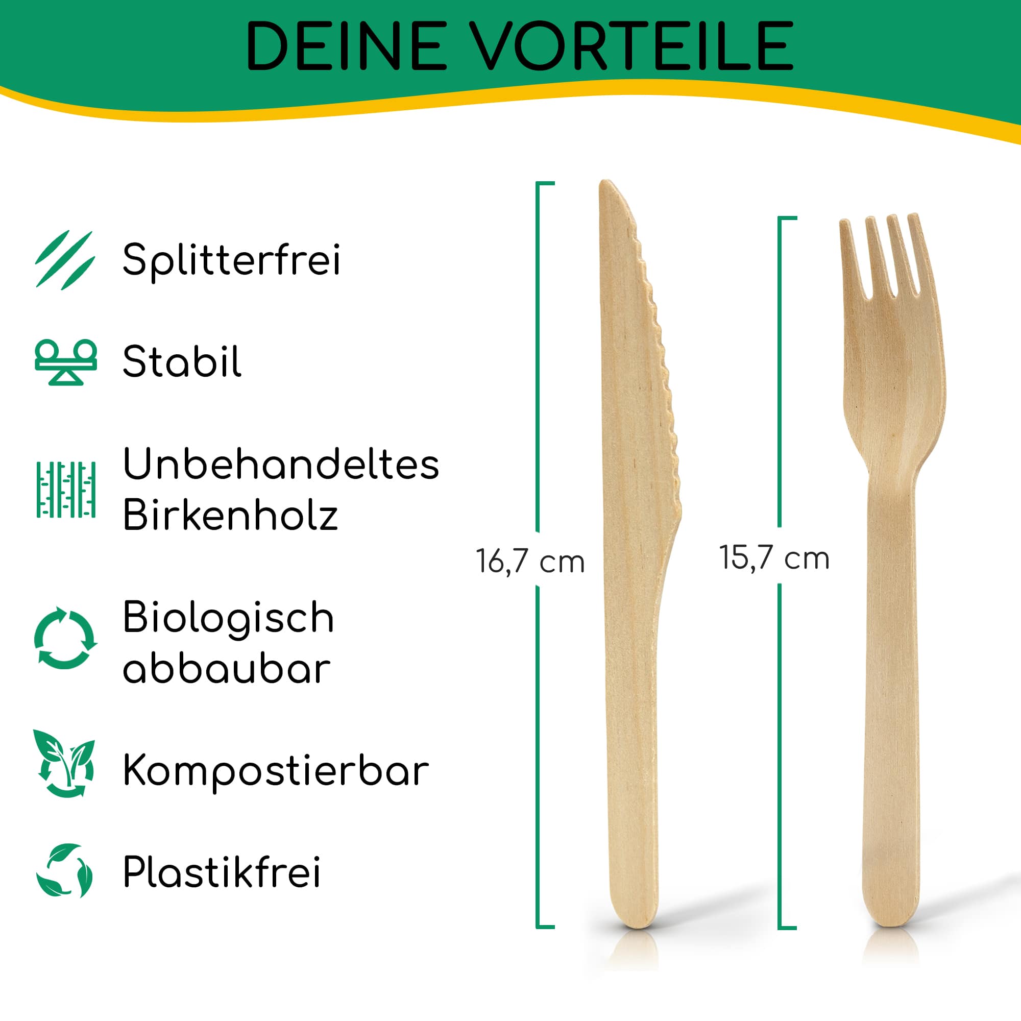 greenli Einwegbesteck Holz mit Groesse und Eigenschaften - 200er Set