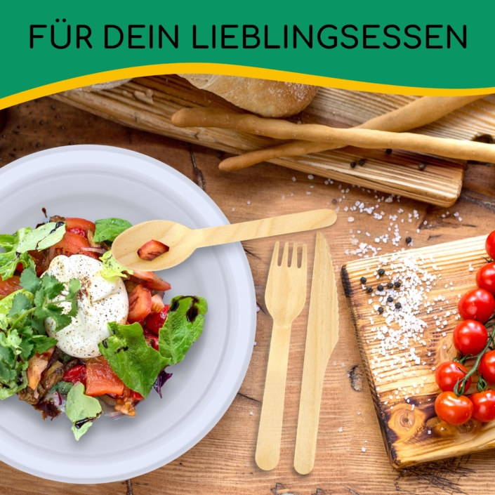greenli Einweggeschirr und Einwegbesteck mit Salat auf Tisch