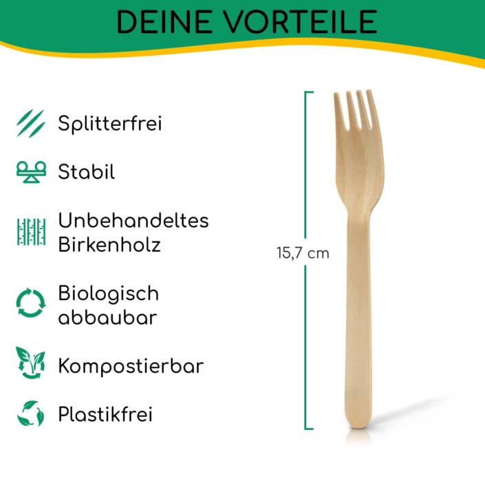 greenli Einweggabeln Holz mit Groesse und Eigenschaften - 250 Stueck
