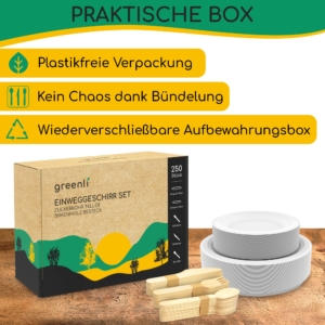 greenli Einweggeschirr Set mit Verpackung auf Tisch
