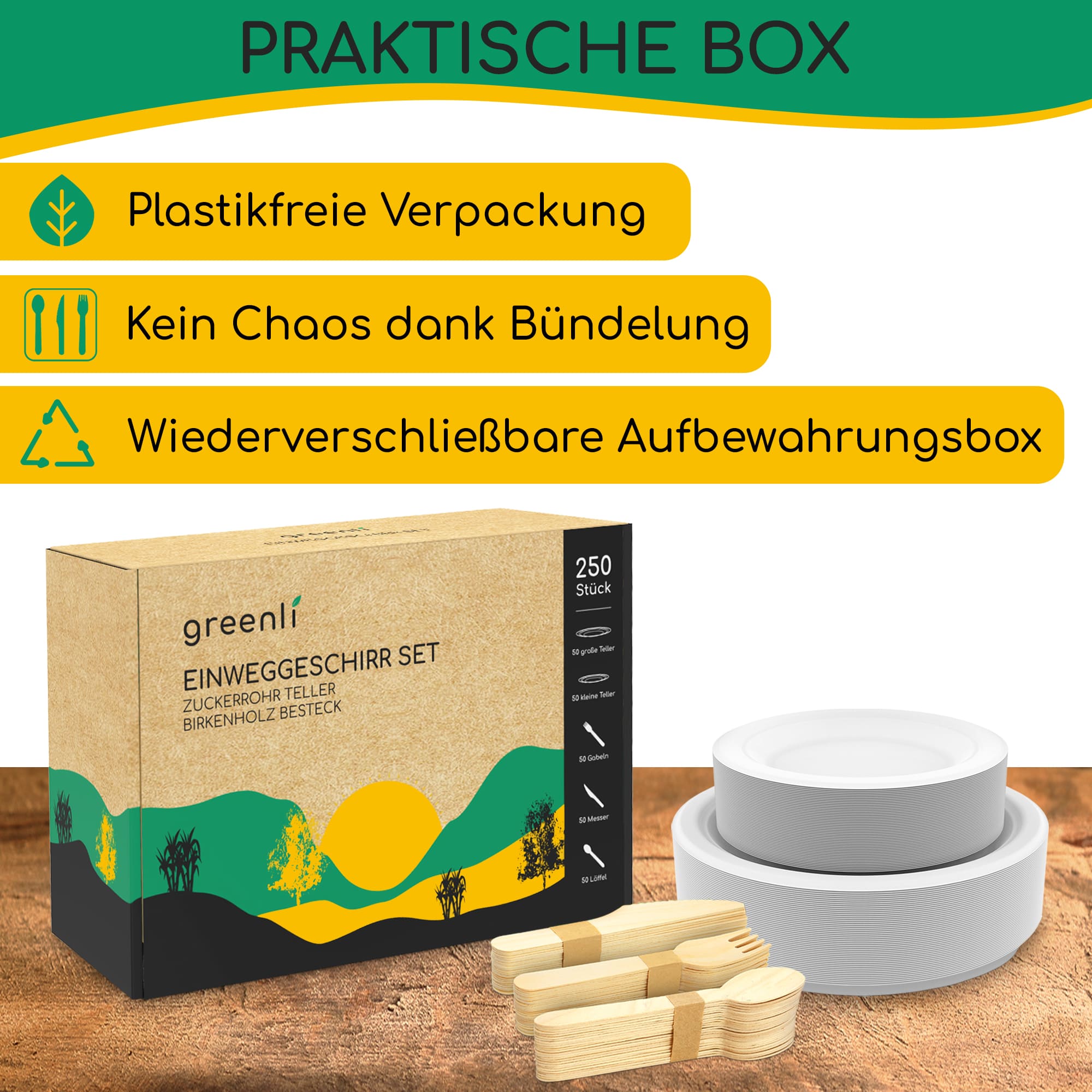 greenli Einweggeschirr Set mit Verpackung auf Tisch