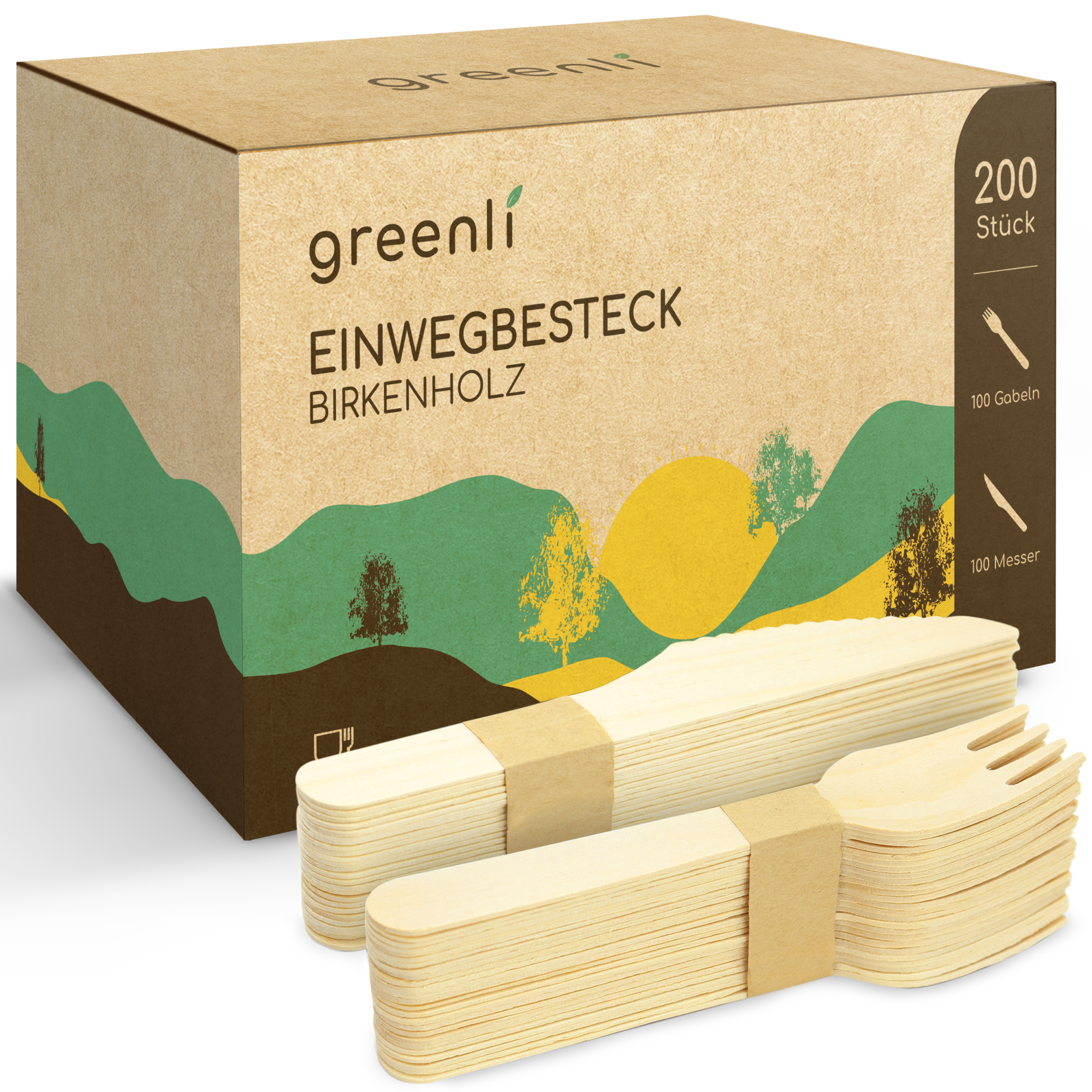 greenli Einwegbesteck Holz gebuendelt mit Verpackung - 200er Set