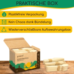 greenli Einwegbesteck Holz mit geoeffneter Verpackung auf Tisch - 150er Set