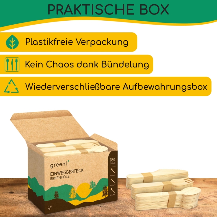 greenli Einwegbesteck Holz mit geoeffneter Verpackung auf Tisch - 150er Set