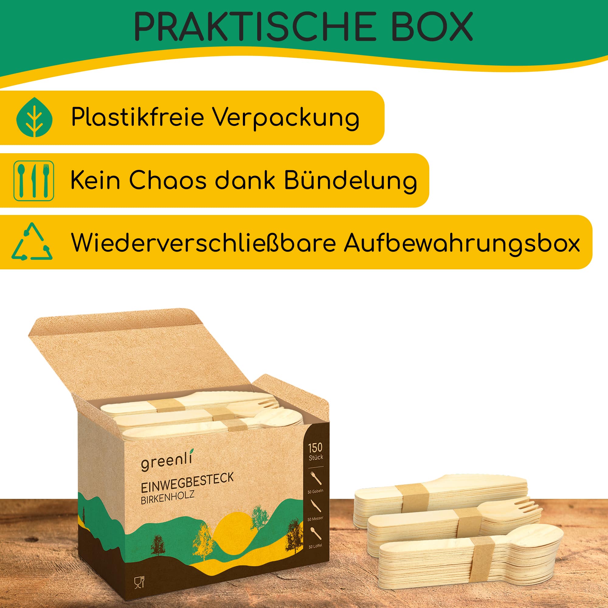 greenli Einwegbesteck Holz mit geoeffneter Verpackung auf Tisch - 150er Set