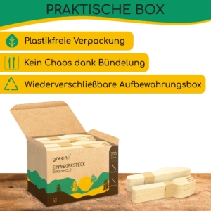 greenli Einwegbesteck Holz mit geoeffneter Verpackung auf Tisch - 200er Set