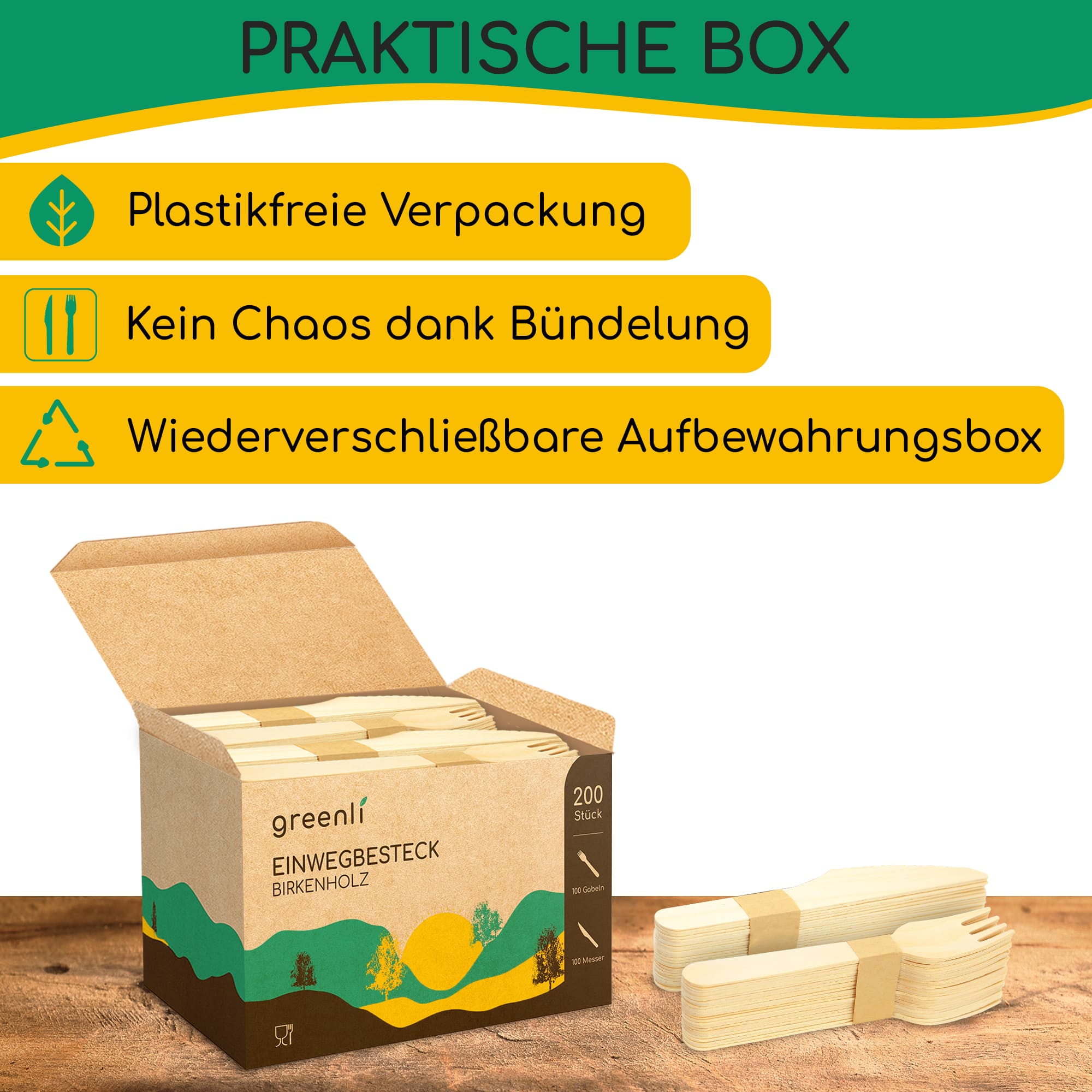 greenli Einwegbesteck Holz mit geoeffneter Verpackung auf Tisch - 200er Set