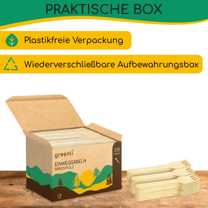 greenli Einwegbesteck Holz mit geoeffneter Verpackung auf Tisch - 250 Stück